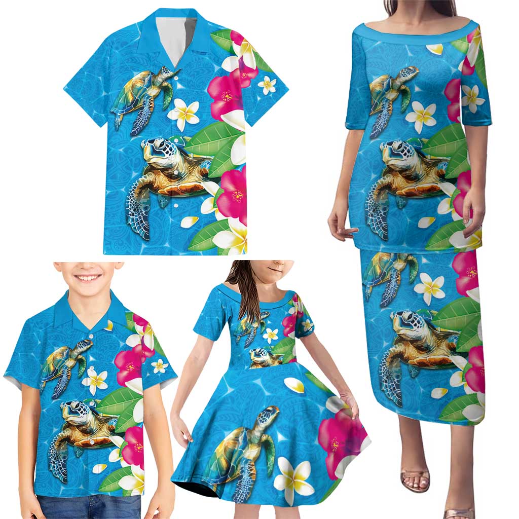 Hawaiian Tropical Flower and Honu Under Blue Water Family Matching Puletasi and Hawaiian Shirt LT03 - Polynesian Pride