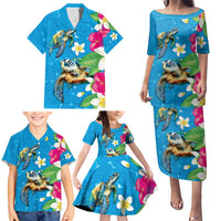 Hawaiian Tropical Flower and Honu Under Blue Water Family Matching Puletasi and Hawaiian Shirt LT03 - Polynesian Pride