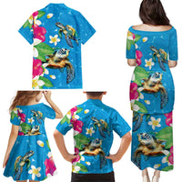 Hawaiian Tropical Flower and Honu Under Blue Water Family Matching Puletasi and Hawaiian Shirt LT03 - Polynesian Pride