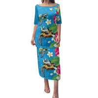 Hawaiian Tropical Flower and Honu Under Blue Water Family Matching Puletasi and Hawaiian Shirt LT03 Mom's Dress Blue - Polynesian Pride