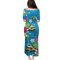 Hawaiian Tropical Flower and Honu Under Blue Water Family Matching Puletasi and Hawaiian Shirt LT03 - Polynesian Pride