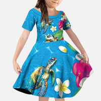 Hawaiian Tropical Flower and Honu Under Blue Water Family Matching Short Sleeve Bodycon Dress and Hawaiian Shirt LT03 Daughter's Dress Blue - Polynesian Pride