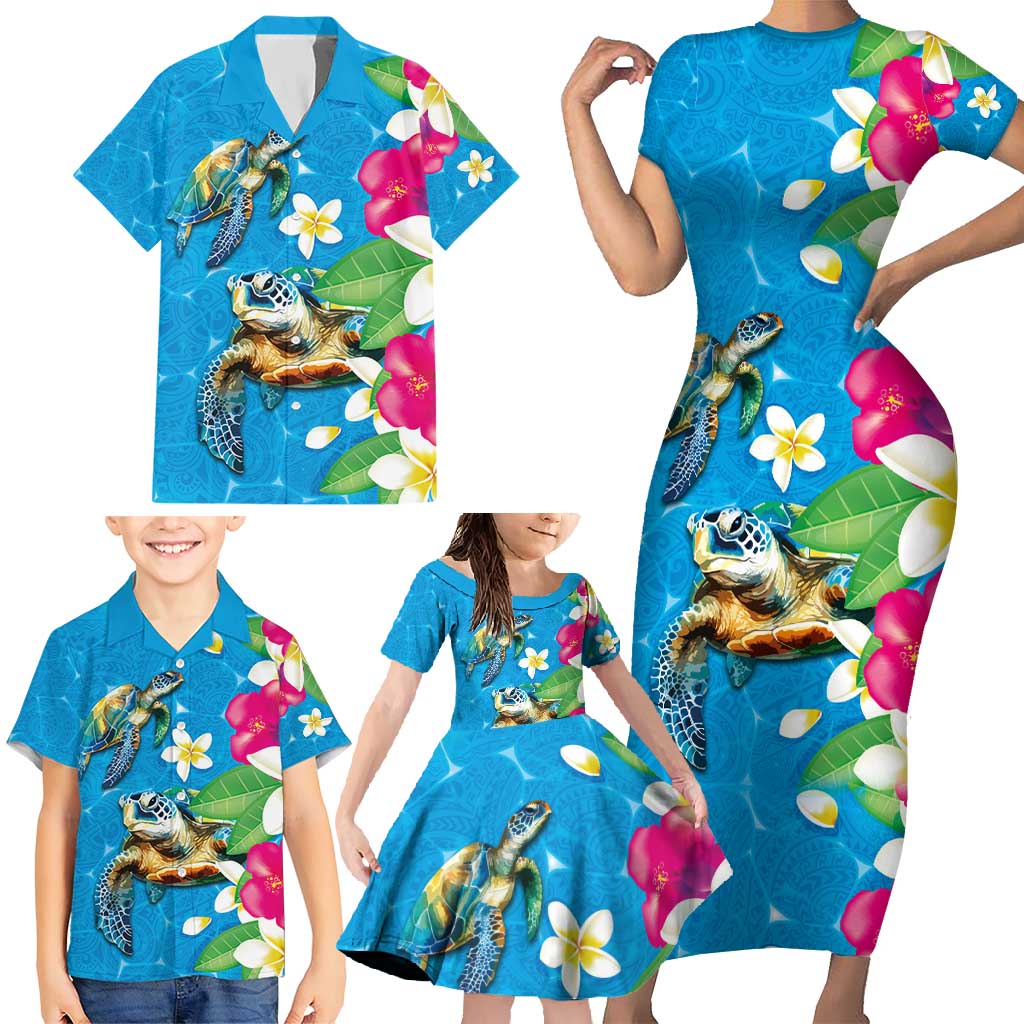 Hawaiian Tropical Flower and Honu Under Blue Water Family Matching Short Sleeve Bodycon Dress and Hawaiian Shirt LT03 - Polynesian Pride