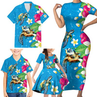 Hawaiian Tropical Flower and Honu Under Blue Water Family Matching Short Sleeve Bodycon Dress and Hawaiian Shirt LT03 - Polynesian Pride