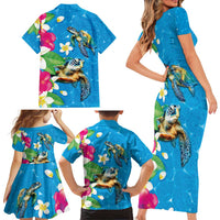 Hawaiian Tropical Flower and Honu Under Blue Water Family Matching Short Sleeve Bodycon Dress and Hawaiian Shirt LT03 - Polynesian Pride