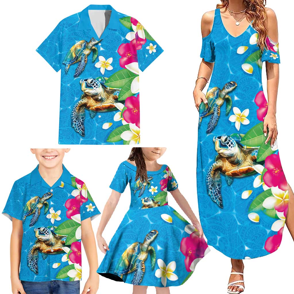 Hawaiian Tropical Flower and Honu Under Blue Water Family Matching Summer Maxi Dress and Hawaiian Shirt LT03 - Polynesian Pride
