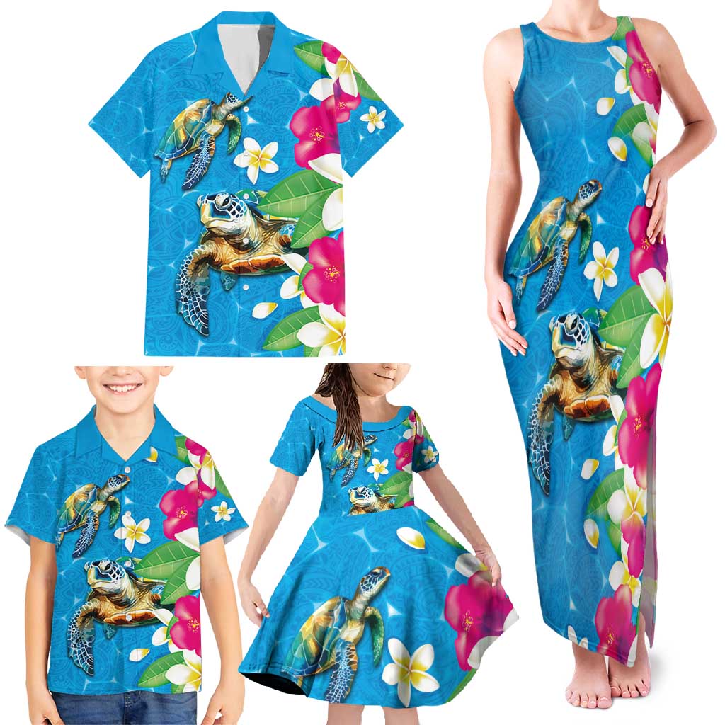 Hawaiian Tropical Flower and Honu Under Blue Water Family Matching Tank Maxi Dress and Hawaiian Shirt LT03 - Polynesian Pride
