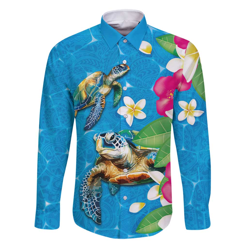 Hawaiian Tropical Flower and Honu Under Blue Water Family Matching Tank Maxi Dress and Hawaiian Shirt LT03 Dad's Shirt - Long Sleeve Blue - Polynesian Pride