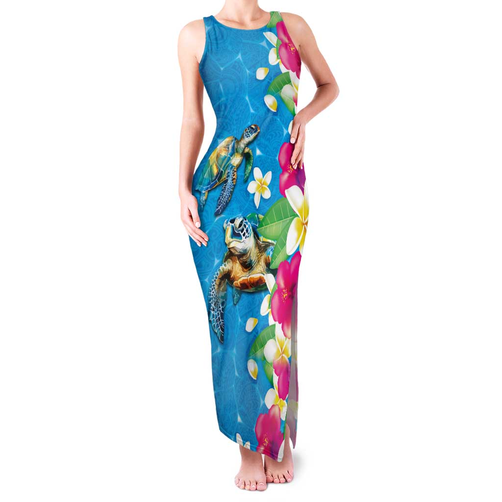 Hawaiian Tropical Flower and Honu Under Blue Water Family Matching Tank Maxi Dress and Hawaiian Shirt LT03 Mom's Dress Blue - Polynesian Pride