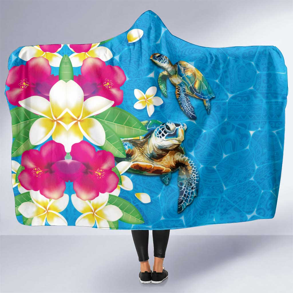 Hawaiian Tropical Flower and Honu Under Blue Water Hooded Blanket LT03 One Size Blue - Polynesian Pride