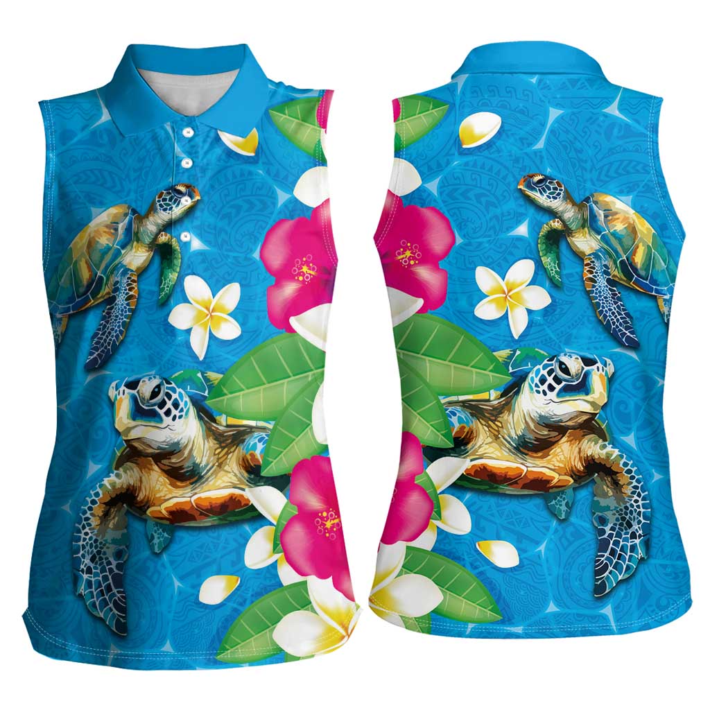 Hawaiian Tropical Flower and Honu Under Blue Water Women Sleeveless Polo Shirt