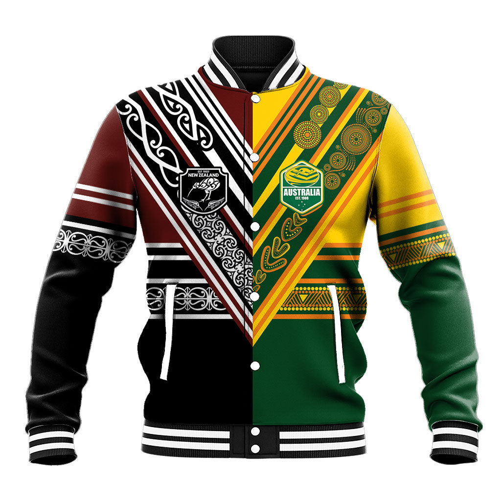 Custom Rugby New Zealand and Australia Baseball Jacket Burgundy Koru Geometric with Aboriginal Chevron Sport Style LT03 Unisex Multicolor - Polynesian Pride