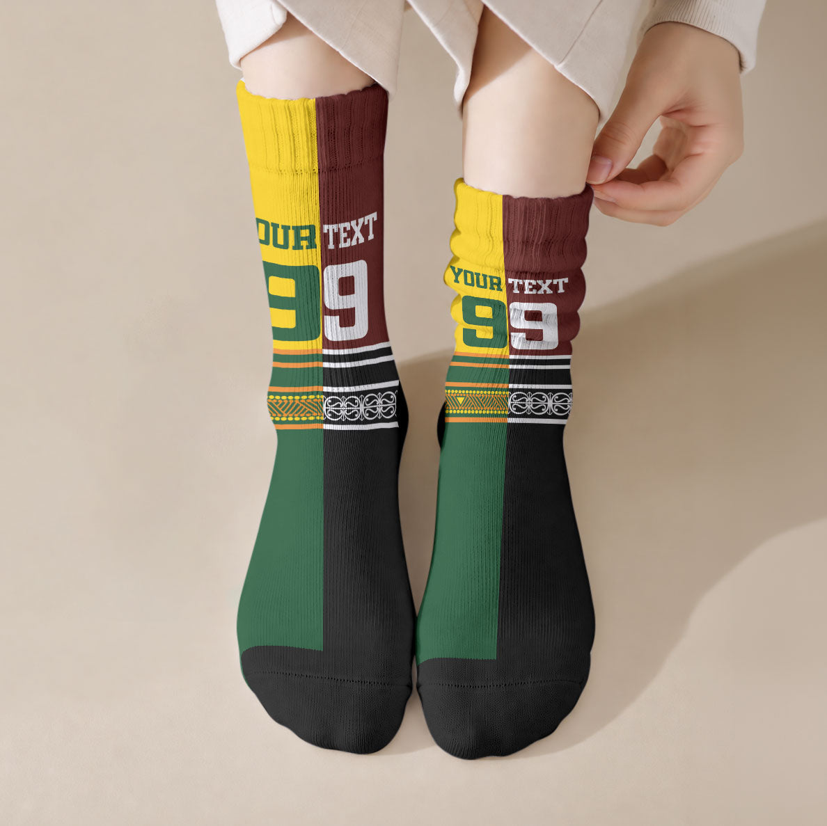 Custom Rugby New Zealand and Australia Crew Socks Burgundy Koru Geometric with Aboriginal Chevron Sport Style LT03 Crew Socks Multicolor - Polynesian Pride