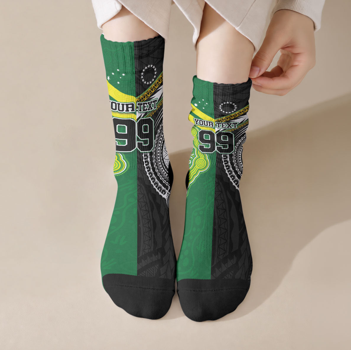 Custom Rugby Cook Islands and Australia Crew Socks Tatau Tribal with Aboriginal Chevron Sport Style LT03 Crew Socks Multicolor - Polynesian Pride