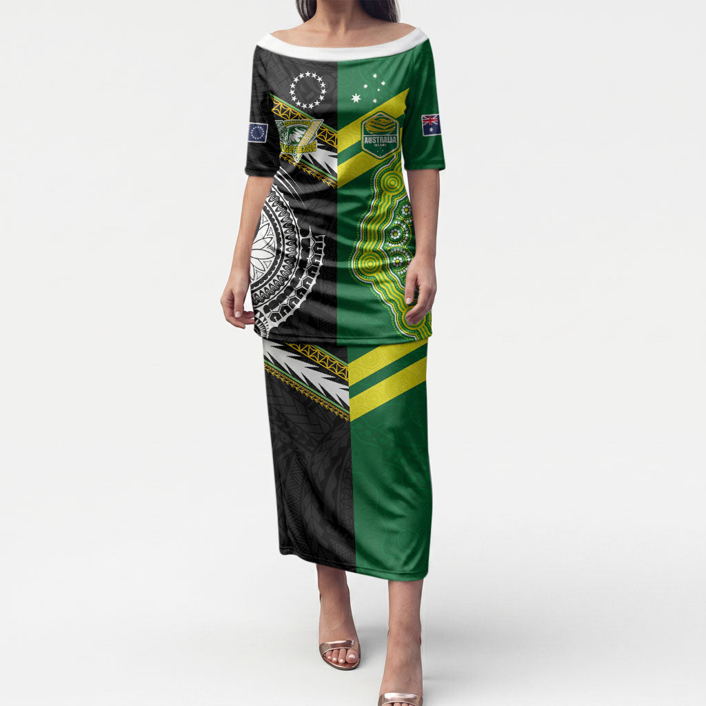 Custom Rugby Cook Islands and Australia Puletasi Tatau Tribal with Aboriginal Chevron Sport Style LT03 Long Dress Multicolor - Polynesian Pride