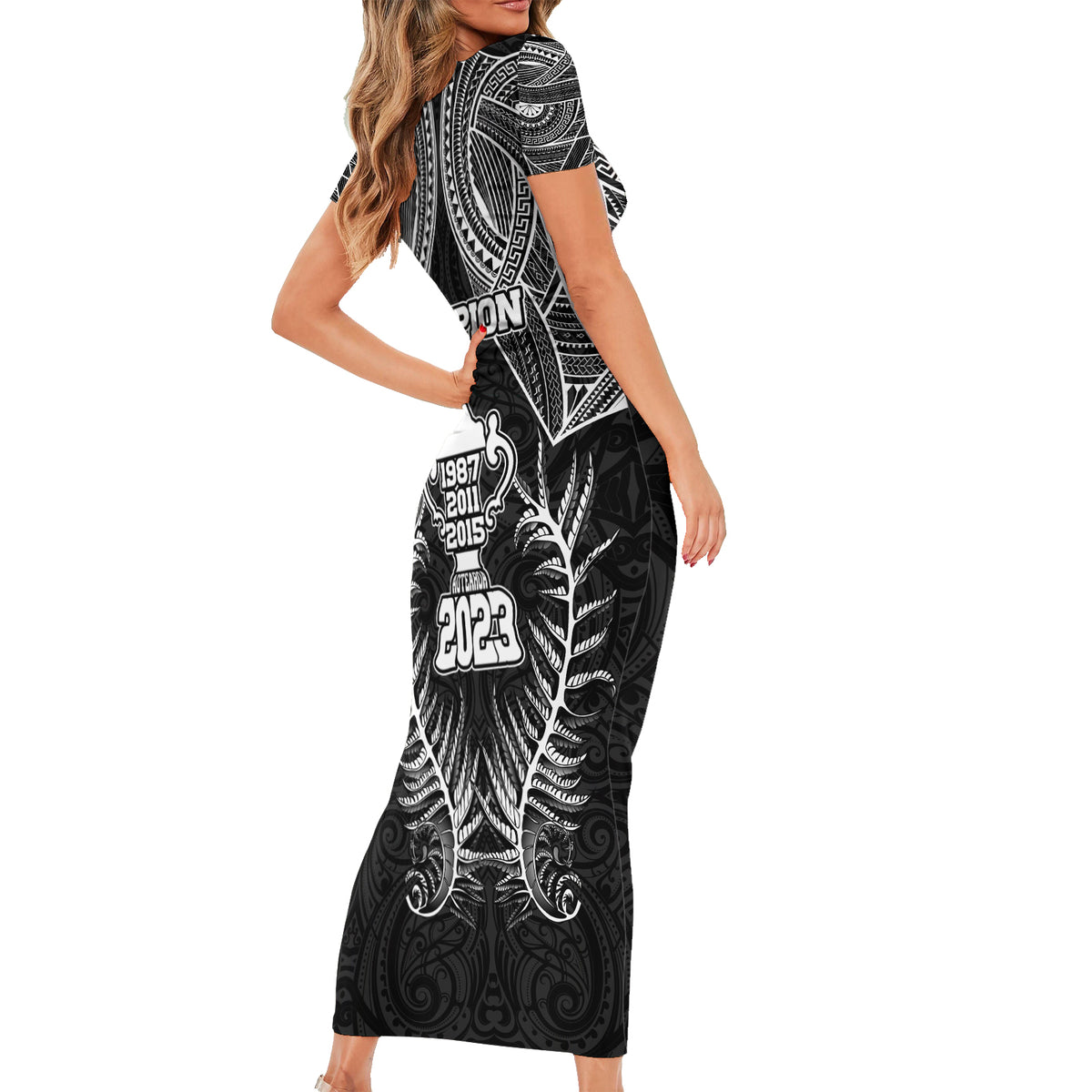New Zealand Rugby Family Matching Short Sleeve Bodycon Dress and Hawaiian Shirt Aotearoa Champion Cup History with Silver Fern LT03 - Polynesian Pride