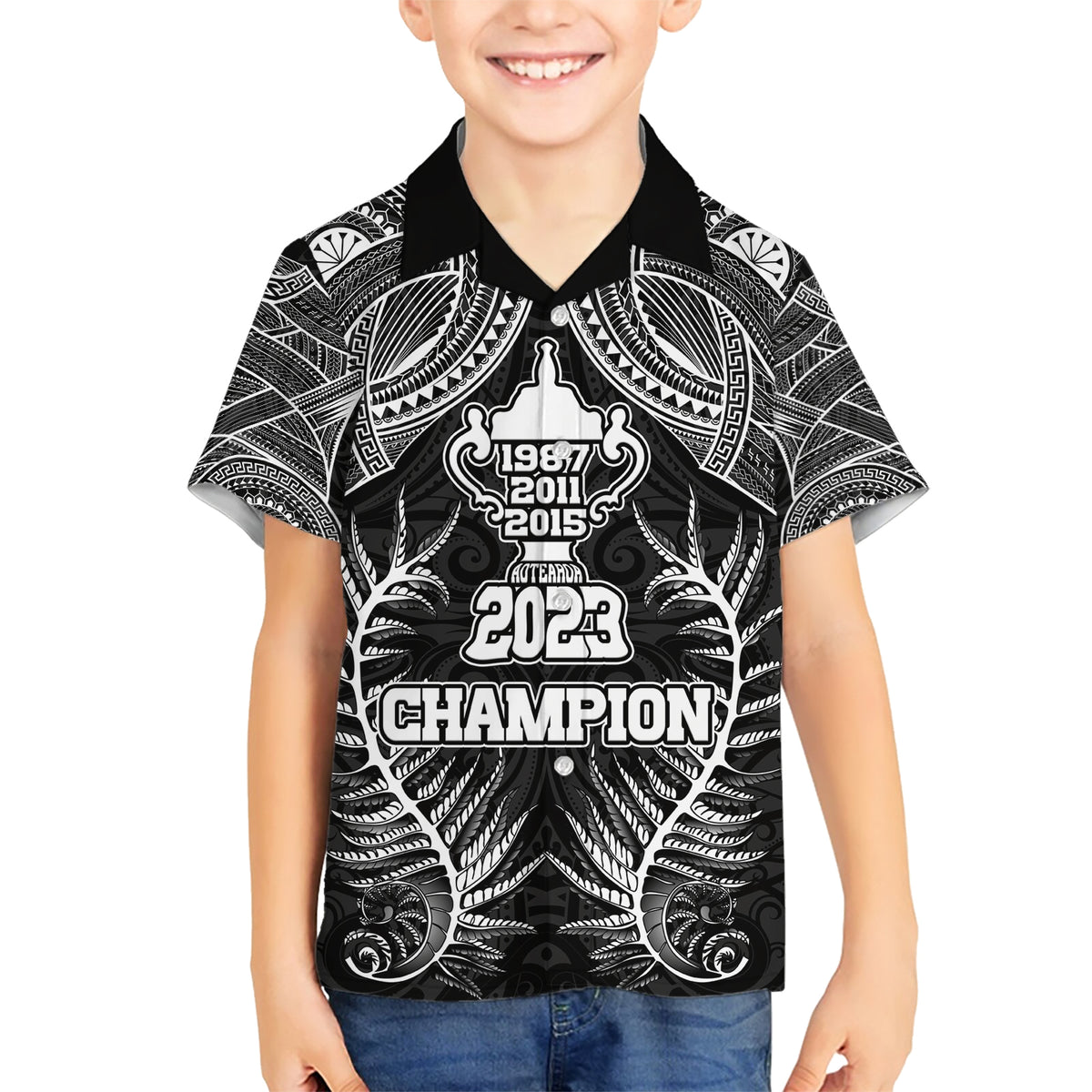 New Zealand Rugby Family Matching Short Sleeve Bodycon Dress and Hawaiian Shirt Aotearoa Champion Cup History with Silver Fern LT03 Son's Shirt Black - Polynesian Pride