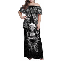 Custom New Zealand Rugby Family Matching Off Shoulder Maxi Dress and Hawaiian Shirt Aotearoa Champion Cup History with Silver Fern LT03 Mom's Dress Black - Polynesian Pride