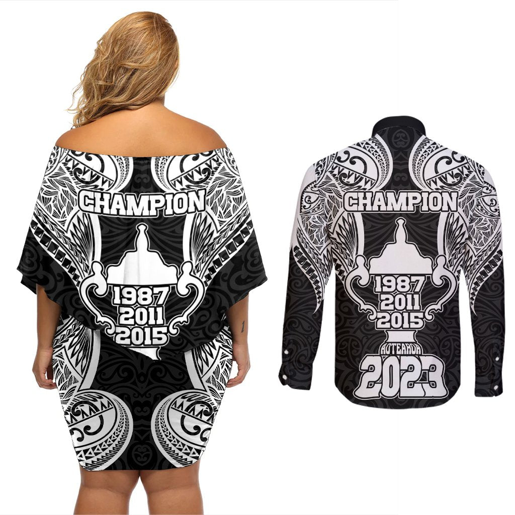 New Zealand Rugby Couples Matching Off Shoulder Short Dress and Long Sleeve Button Shirt Aotearoa Champion Cup History with Haka Dance LT03 - Polynesian Pride