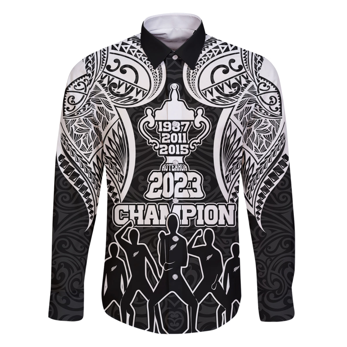 New Zealand Rugby Family Matching Short Sleeve Bodycon Dress and Hawaiian Shirt Aotearoa Champion Cup History with Haka Dance LT03 Dad's Shirt - Long Sleeve Black - Polynesian Pride