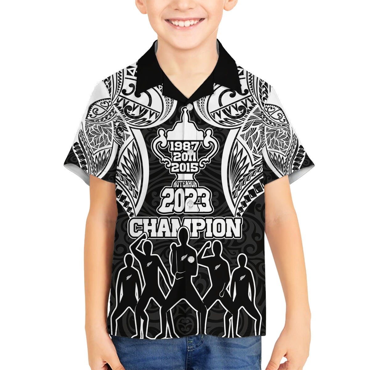 Personalised New Zealand Rugby Family Matching Off Shoulder Maxi Dress and Hawaiian Shirt Aotearoa Champion Cup History with Haka Dance LT03 Son's Shirt Black - Polynesian Pride