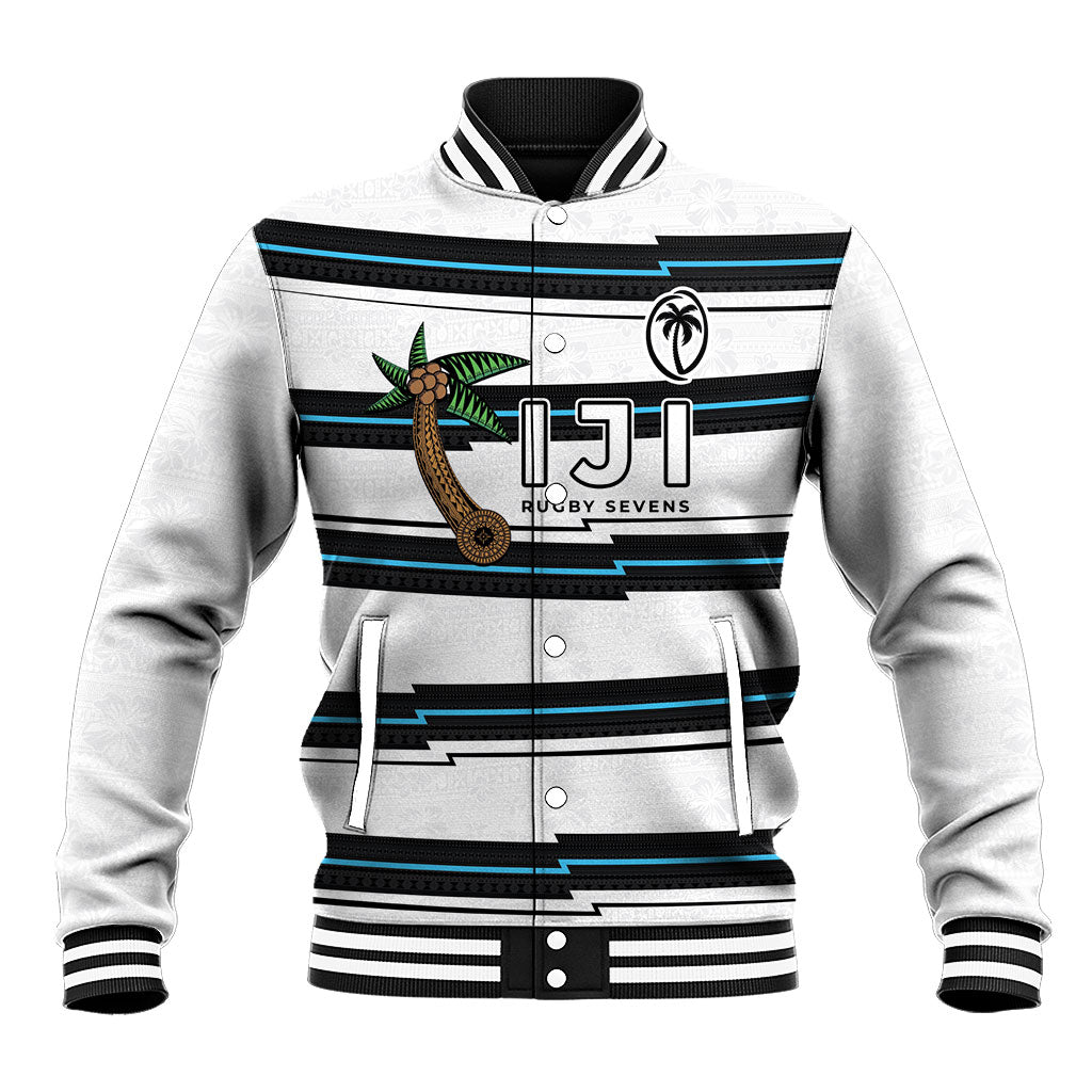 Custom Fijian Rugby Sevens Baseball Jacket Masi Tapa Pattern Stripes Sporty Style LT03 Unisex White - Polynesian Pride