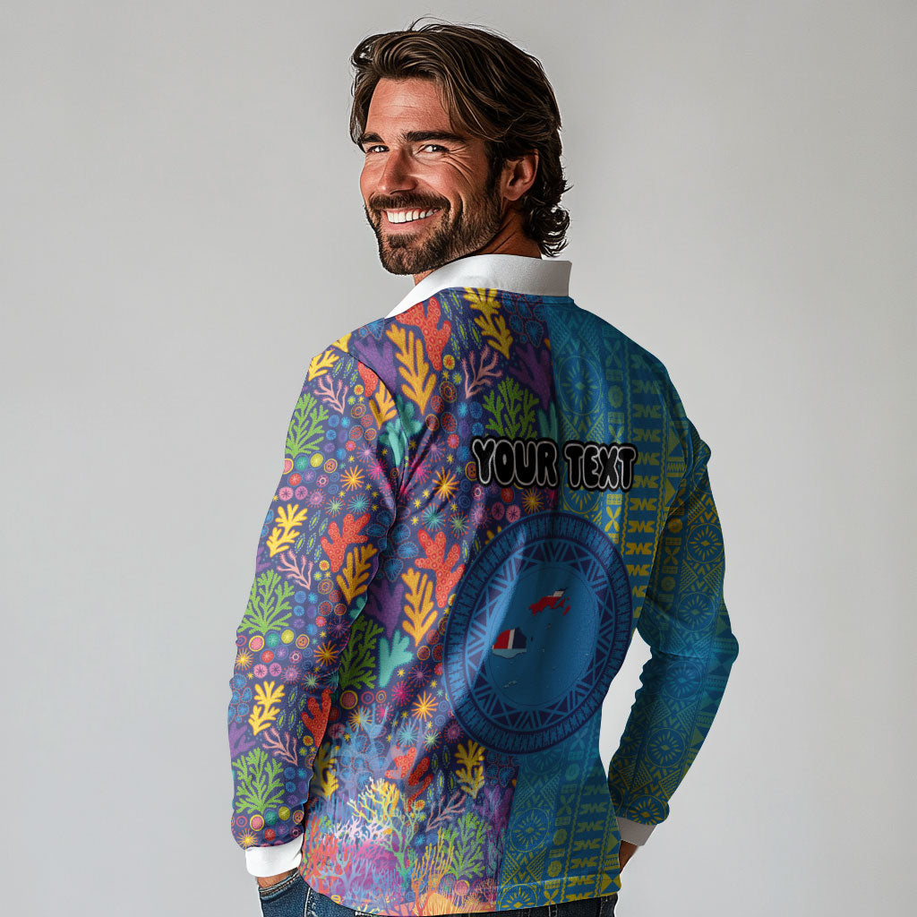 Personalised Fijian Coral Reef Long Sleeve Polo Shirt with Traditional Tapa Pattern Split Style