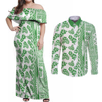 Hawaii Couples Matching Off Shoulder Maxi Dress and Long Sleeve Button Shirt Aloha Tropical Plants Tribal Pattern Green Version LT03 Green - Polynesian Pride