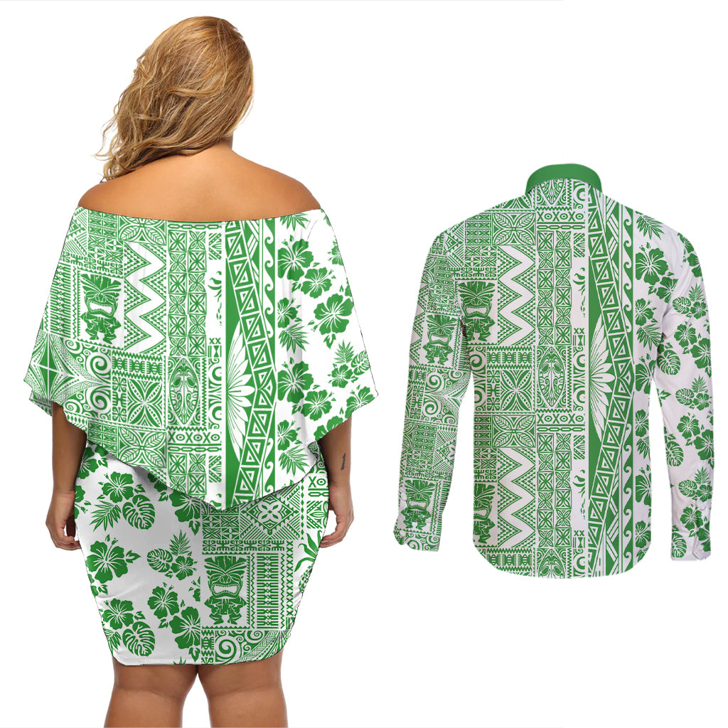 Hawaii Couples Matching Off Shoulder Short Dress and Long Sleeve Button Shirt Aloha Tropical Plants Tribal Pattern Green Version LT03 - Polynesian Pride