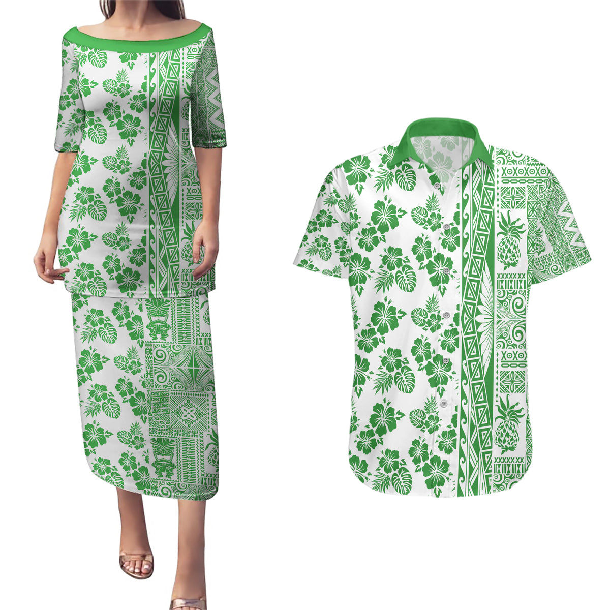 Hawaii Couples Matching Puletasi Dress and Hawaiian Shirt Aloha Tropical Plants Tribal Pattern Green Version LT03 Green - Polynesian Pride