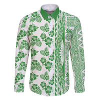 Hawaii Family Matching Off Shoulder Maxi Dress and Hawaiian Shirt Aloha Tropical Plants Tribal Pattern Green Version LT03 Dad's Shirt - Long Sleeve Green - Polynesian Pride