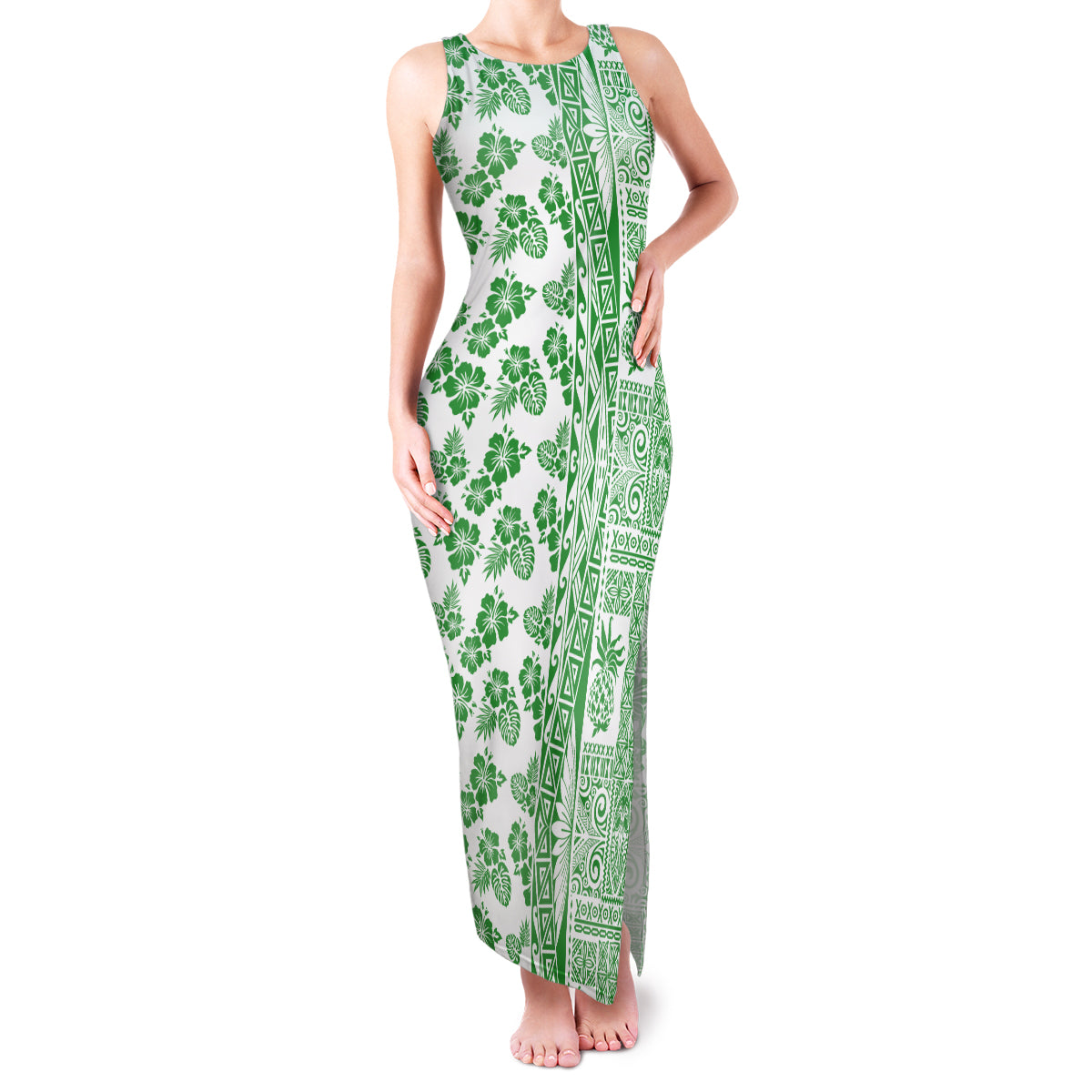 Hawaii Family Matching Tank Maxi Dress and Hawaiian Shirt Aloha Tropical Plants Tribal Pattern Green Version LT03 Mom's Dress Green - Polynesian Pride