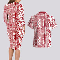Hawaii Couples Matching Long Sleeve Bodycon Dress and Hawaiian Shirt Aloha Tropical Plants Tribal Pattern Red Version LT03 - Polynesian Pride