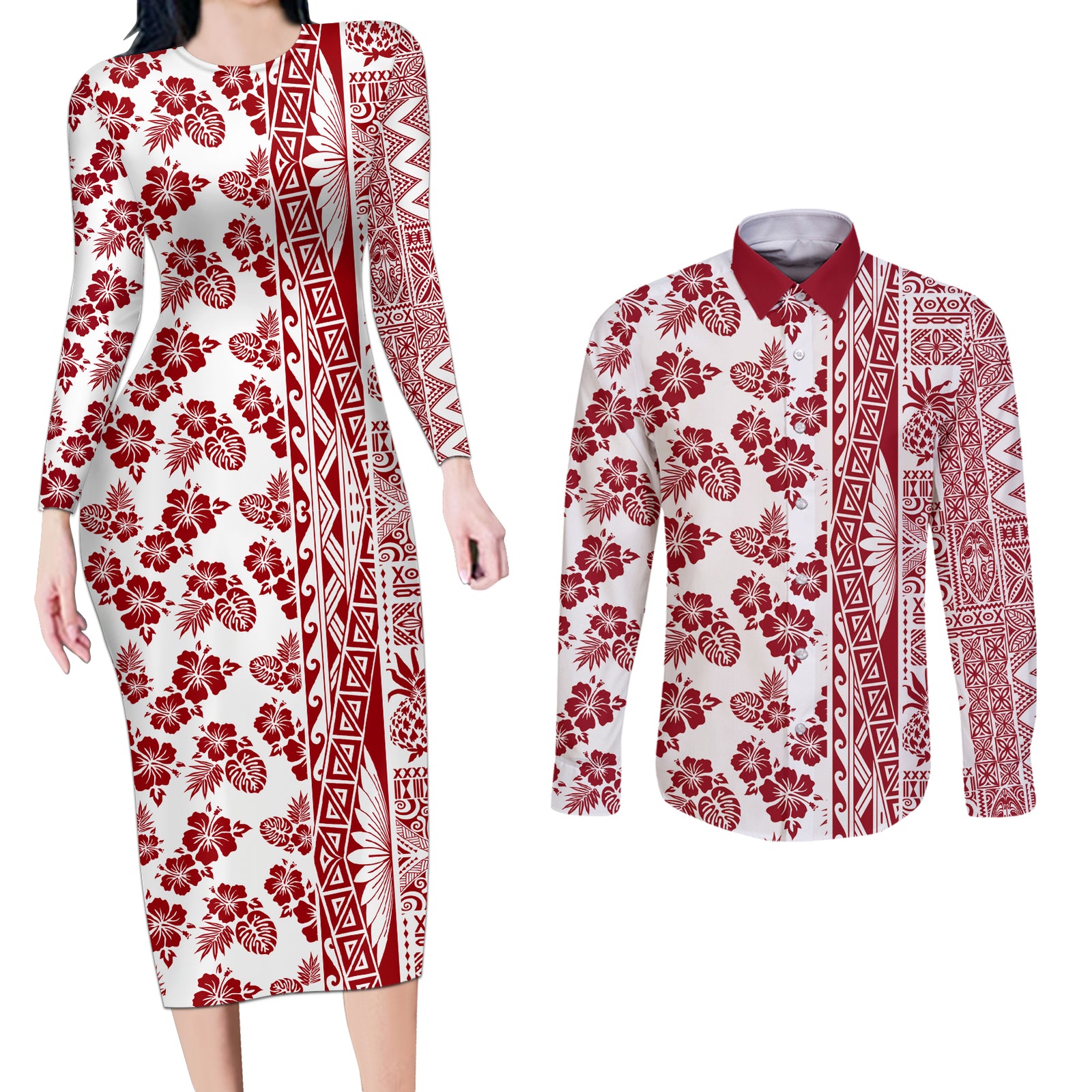 Hawaii Couples Matching Long Sleeve Bodycon Dress and Long Sleeve Button Shirt Aloha Tropical Plants Tribal Pattern Red Version LT03 Red - Polynesian Pride