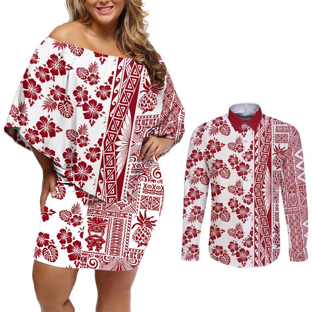 Hawaii Couples Matching Off Shoulder Short Dress and Long Sleeve Button Shirt Aloha Tropical Plants Tribal Pattern Red Version LT03 Red - Polynesian Pride