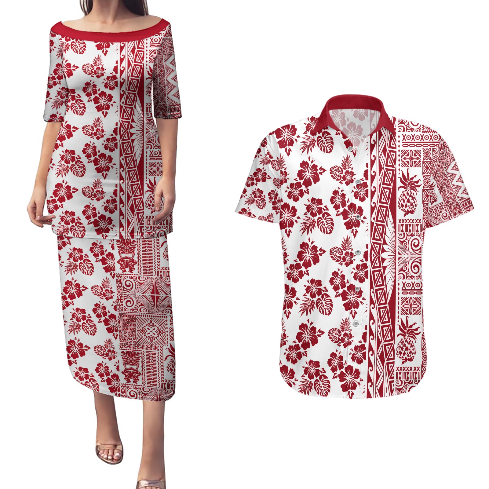 Hawaii Couples Matching Puletasi Dress and Hawaiian Shirt Aloha Tropical Plants Tribal Pattern Red Version LT03 Red - Polynesian Pride