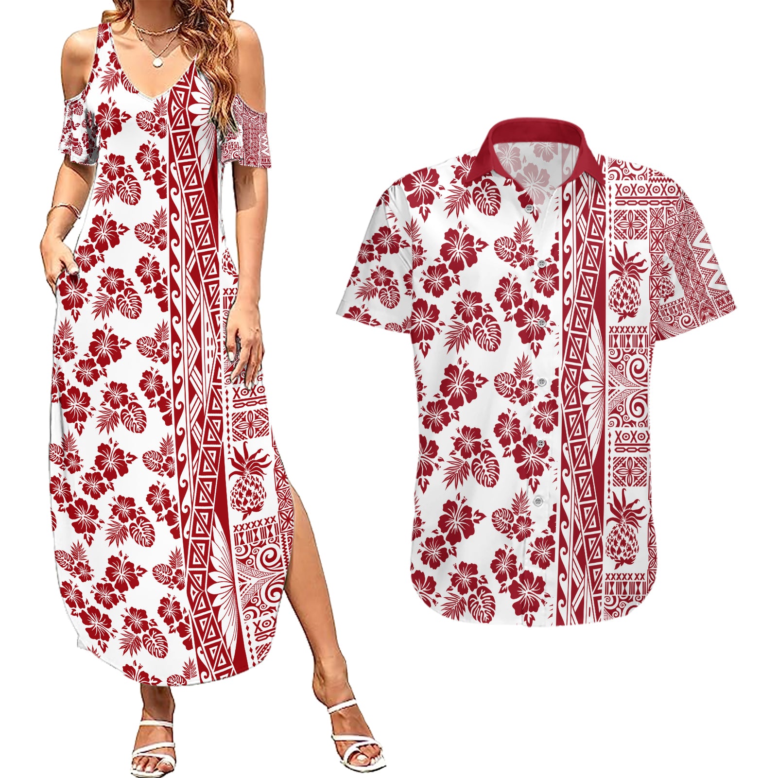 Hawaii Couples Matching Summer Maxi Dress and Hawaiian Shirt Aloha Tropical Plants Tribal Pattern Red Version LT03 Red - Polynesian Pride