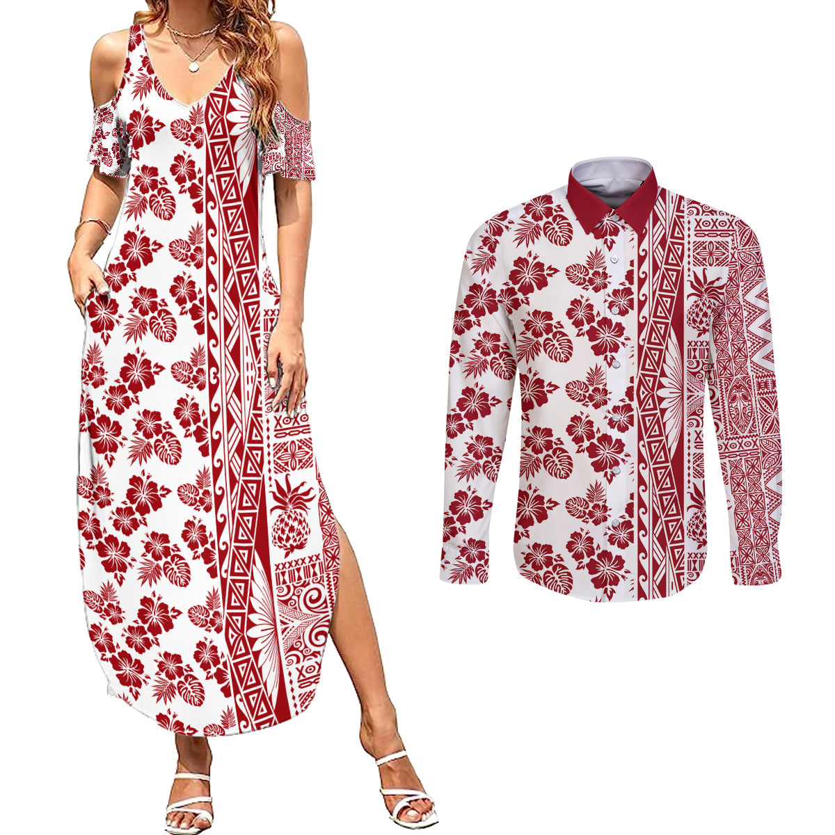 Hawaii Couples Matching Summer Maxi Dress and Long Sleeve Button Shirt Aloha Tropical Plants Tribal Pattern Red Version LT03 Red - Polynesian Pride