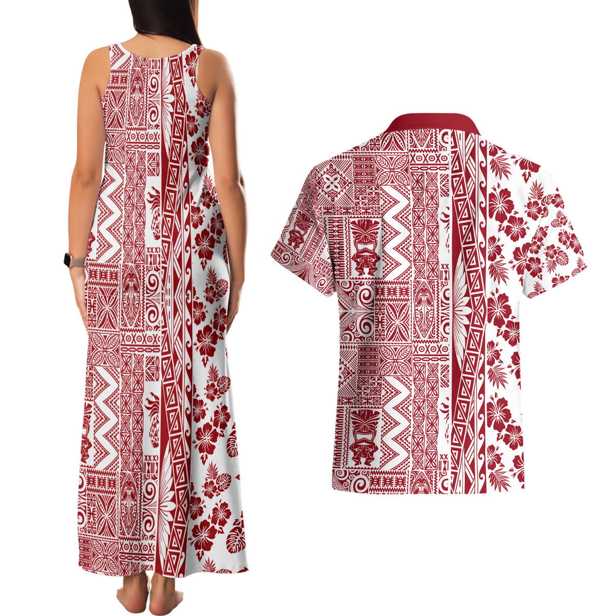 Hawaii Couples Matching Tank Maxi Dress and Hawaiian Shirt Aloha Tropical Plants Tribal Pattern Red Version LT03 - Polynesian Pride
