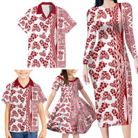 Hawaii Family Matching Long Sleeve Bodycon Dress and Hawaiian Shirt Aloha Tropical Plants Tribal Pattern Red Version LT03 - Polynesian Pride