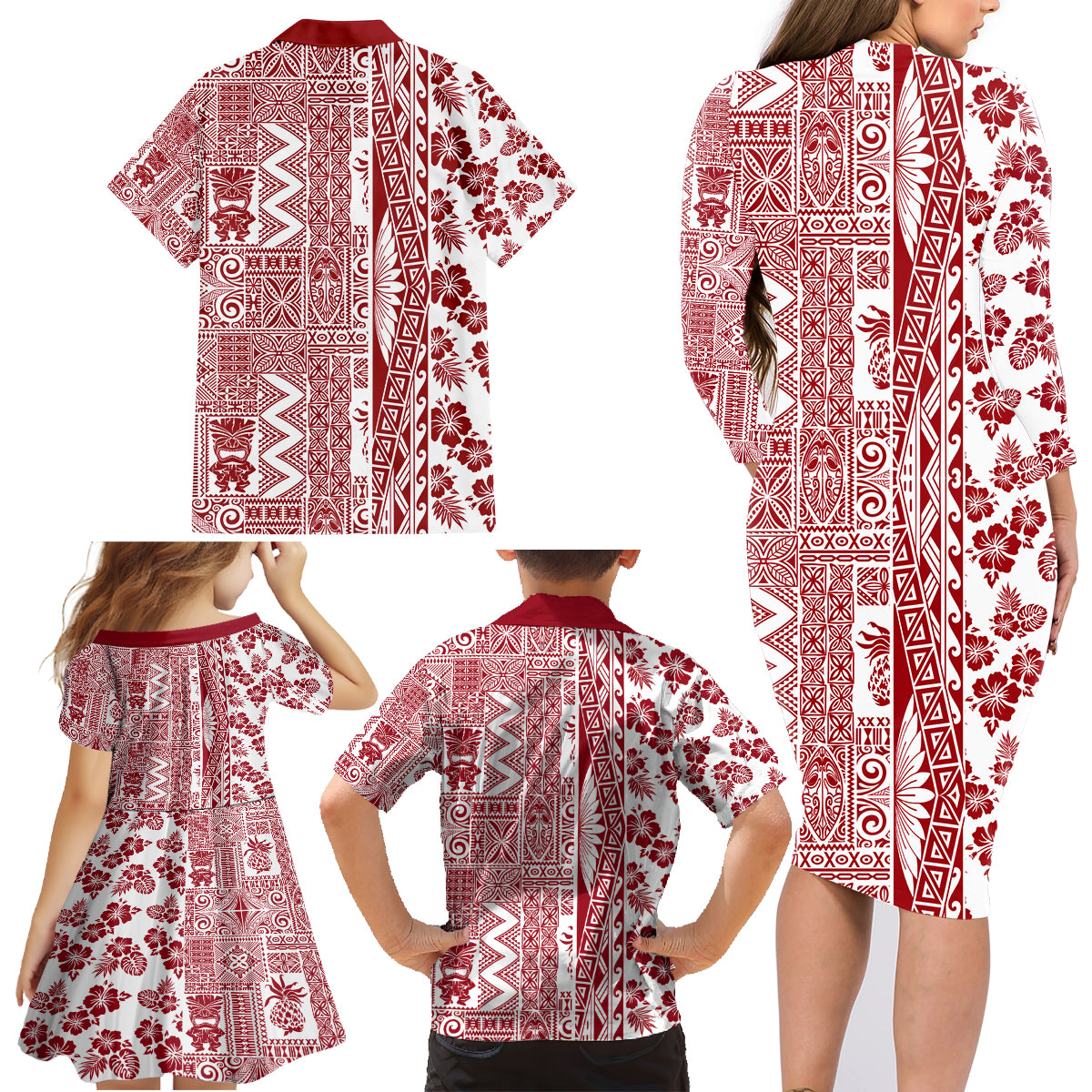 Hawaii Family Matching Long Sleeve Bodycon Dress and Hawaiian Shirt Aloha Tropical Plants Tribal Pattern Red Version LT03 - Polynesian Pride