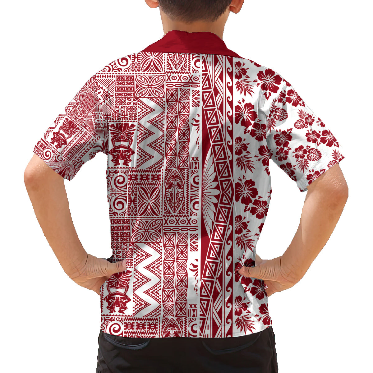 Hawaii Family Matching Off Shoulder Maxi Dress and Hawaiian Shirt Aloha Tropical Plants Tribal Pattern Red Version LT03 - Polynesian Pride
