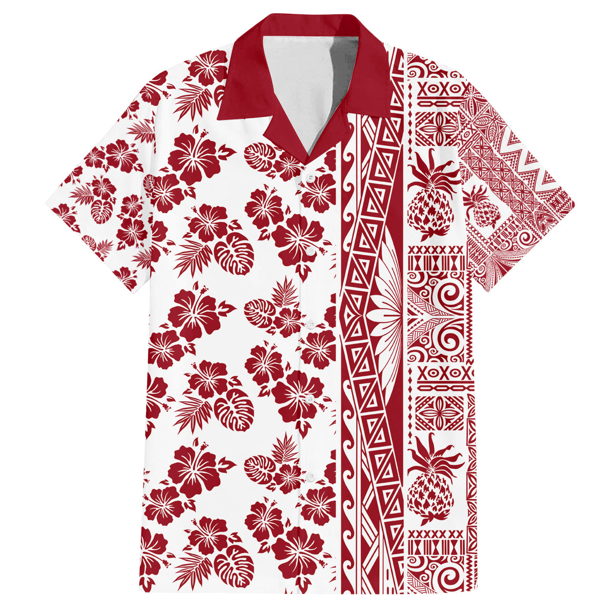 Hawaii Family Matching Off Shoulder Short Dress and Hawaiian Shirt Aloha Tropical Plants Tribal Pattern Red Version LT03 Dad's Shirt - Short Sleeve Red - Polynesian Pride