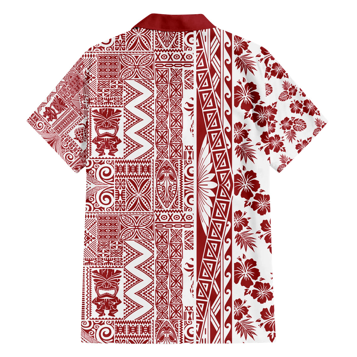 Hawaii Family Matching Off Shoulder Short Dress and Hawaiian Shirt Aloha Tropical Plants Tribal Pattern Red Version LT03 - Polynesian Pride