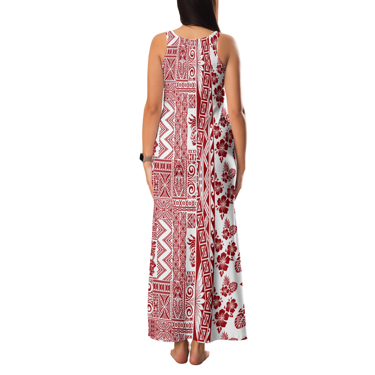 Hawaii Family Matching Tank Maxi Dress and Hawaiian Shirt Aloha Tropical Plants Tribal Pattern Red Version LT03 - Polynesian Pride