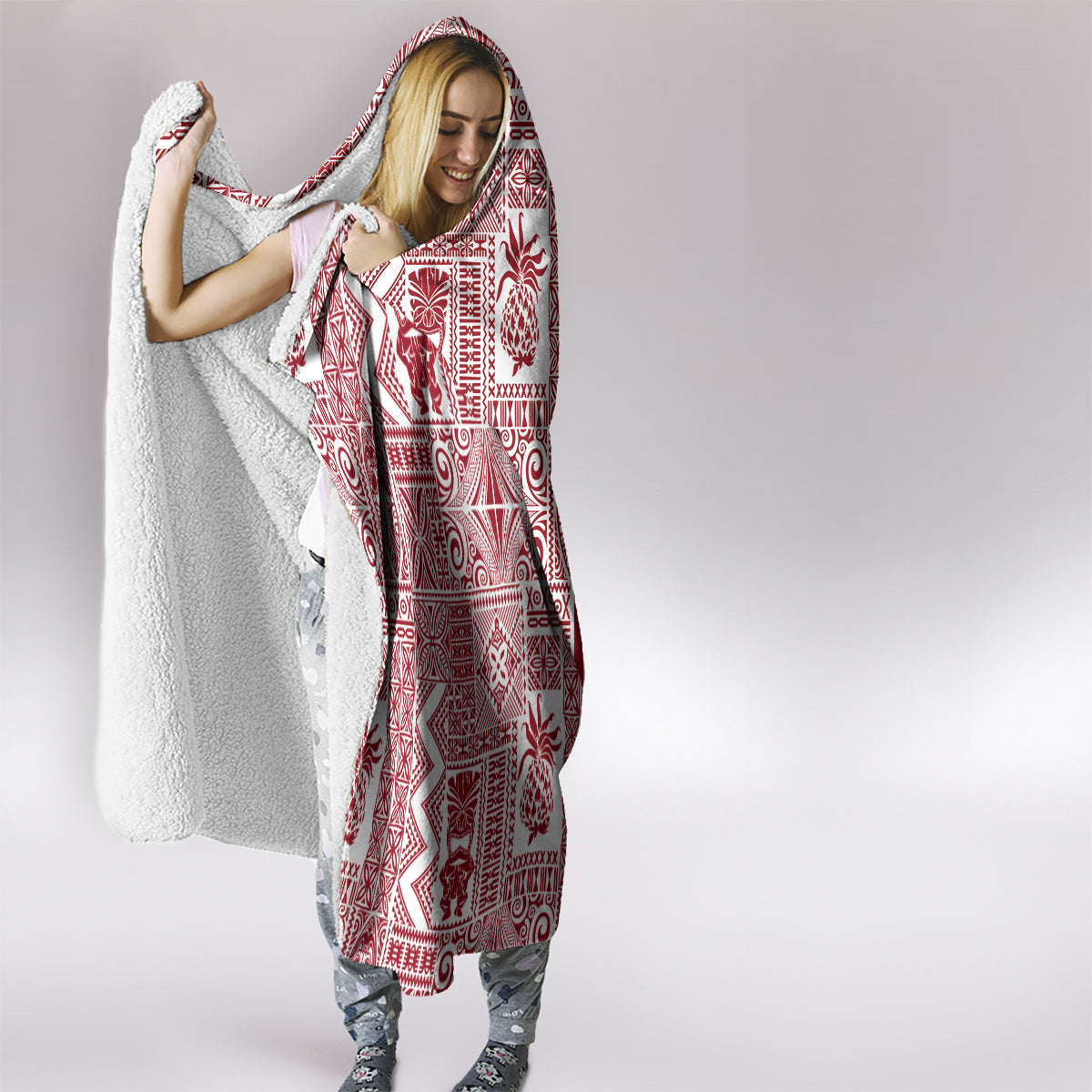 Hawaii Hooded Blanket Aloha Tropical Plants Tribal Pattern Red Version LT03 - Polynesian Pride