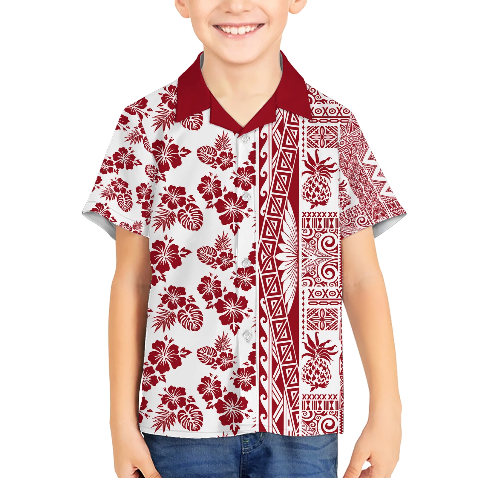 Hawaii Kid Hawaiian Shirt Aloha Tropical Plants Tribal Pattern Red Version LT03 Kid Red - Polynesian Pride