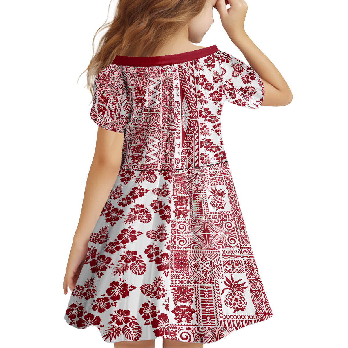 Hawaii Kid Short Sleeve Dress Aloha Tropical Plants Tribal Pattern Red Version LT03 - Polynesian Pride