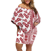 Hawaii Off Shoulder Short Dress Aloha Tropical Plants Tribal Pattern Red Version LT03 Women Red - Polynesian Pride