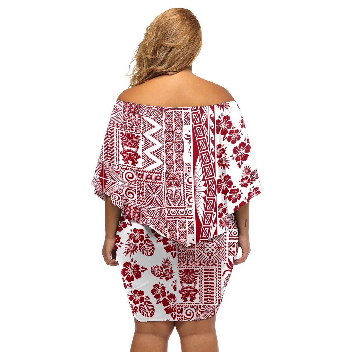 Hawaii Off Shoulder Short Dress Aloha Tropical Plants Tribal Pattern Red Version LT03 - Polynesian Pride